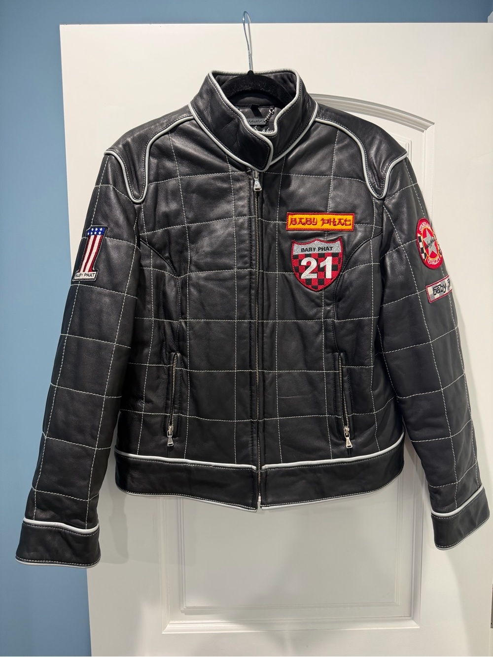 Baby Phat Black Quilted Leather Racing Jacket with Patches